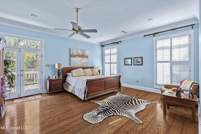 bedroom featuring access to exterior, french doors, dark hardwood / wood-style flooring, ceiling fan, and crown molding