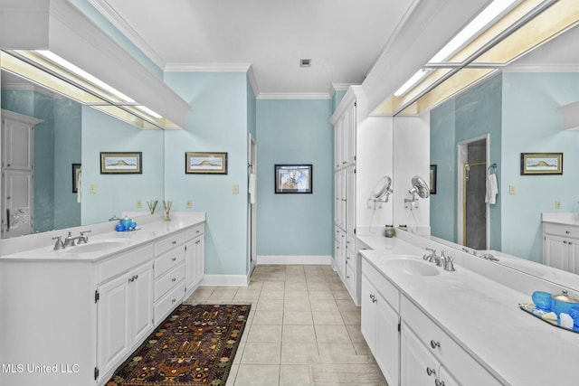 bathroom with tile patterned floors, vanity, an enclosed shower, and ornamental molding