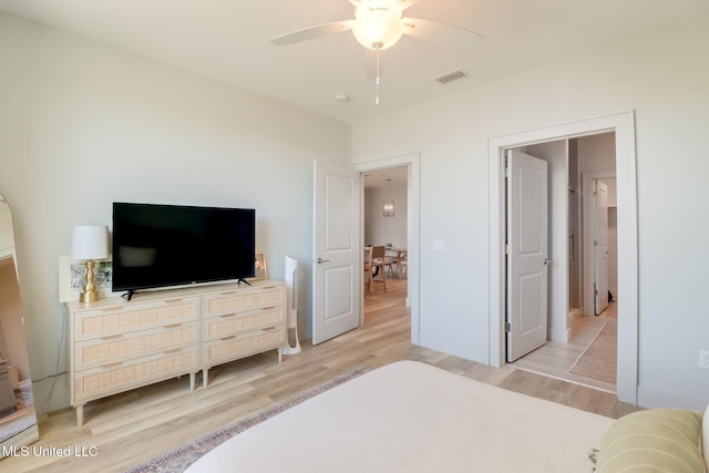 bedroom with visible vents, ceiling fan, and light wood-style flooring