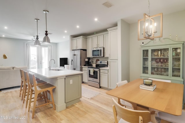 kitchen featuring stainless steel appliances, recessed lighting, visible vents, a sink, and light wood-type flooring