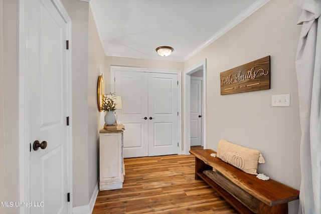 hallway featuring ornamental molding and wood-type flooring