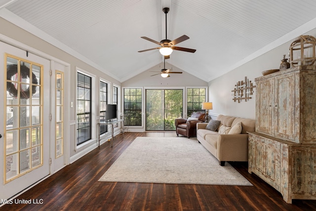 living room with ceiling fan, lofted ceiling, and dark hardwood / wood-style flooring