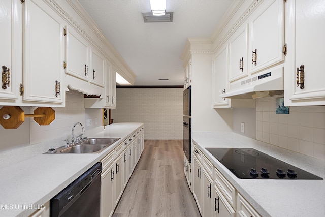406 Springwood Cir, Terry, MS 39170 - kitchen featuring black appliances, under cabinet range hood, a sink, light wood-style floors, and white cabinets