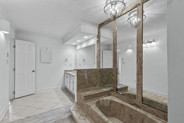 bathroom with tile patterned flooring, crown molding, vanity, a bathing tub, and a textured ceiling