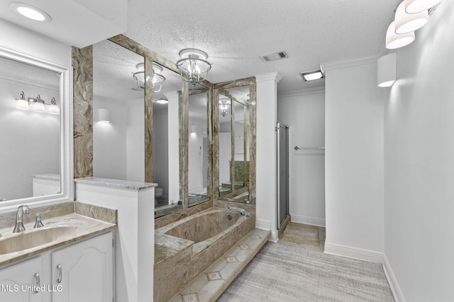 full bathroom with toilet, plus walk in shower, vanity, ornamental molding, and a textured ceiling