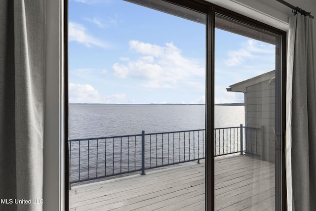 interior space with a water view