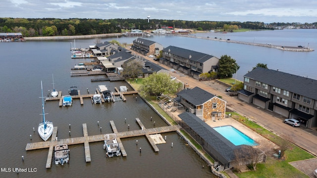 drone / aerial view with a water view