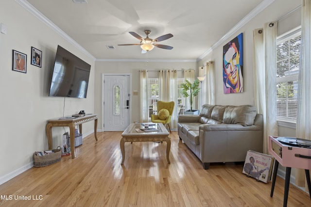 living room featuring ceiling fan, ornamental molding, and light wood-type flooring