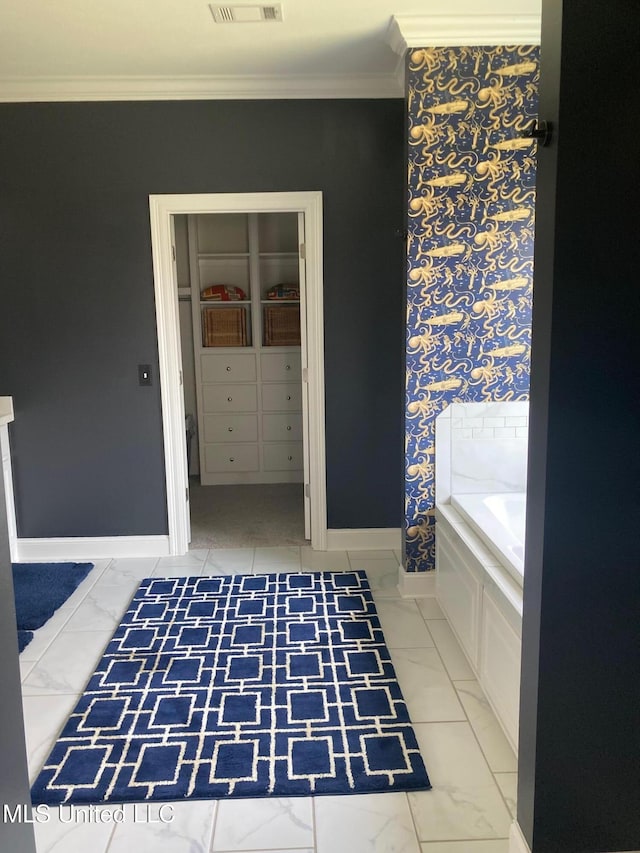 174 Falls Xing, Madison, MS 39110 - full bath with baseboards, ornamental molding, a garden tub, and marble finish flooring