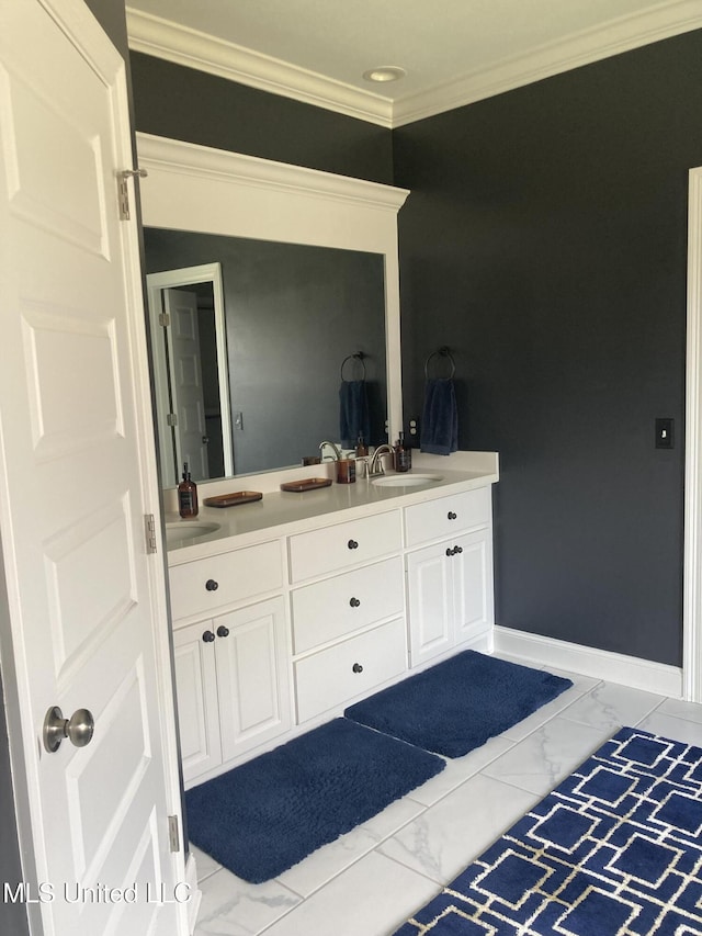 174 Falls Xing, Madison, MS 39110 - full bathroom featuring marble finish floors, double vanity, crown molding, and baseboards
