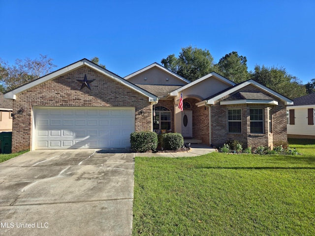 ranch-style house featuring a front yard and a garage