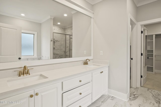 302 Wind Cv, Madison, MS 39110 - bathroom with a shower stall, marble finish floors, a walk in closet, baseboards, and double vanity