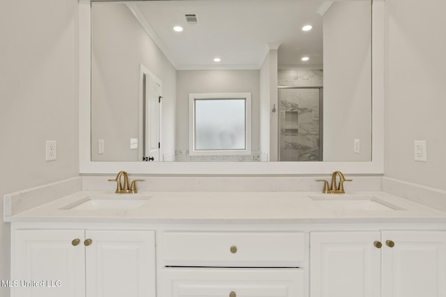 302 Wind Cv, Madison, MS 39110 - bathroom with a shower stall, double vanity, recessed lighting, and crown molding