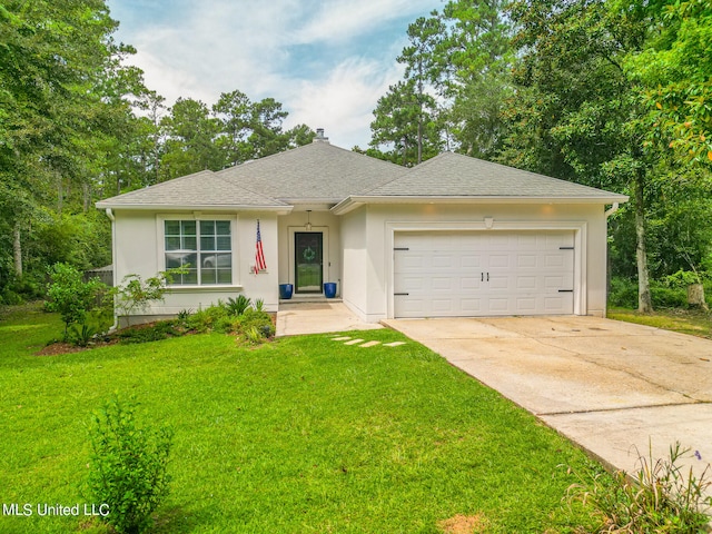 ranch-style home with a garage and a front yard