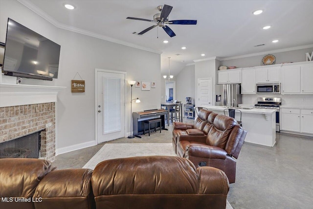 946 Filmore Dr, Brandon, MS 39042 - living room featuring recessed lighting, ceiling fan, finished concrete flooring, ornamental molding, and a brick fireplace