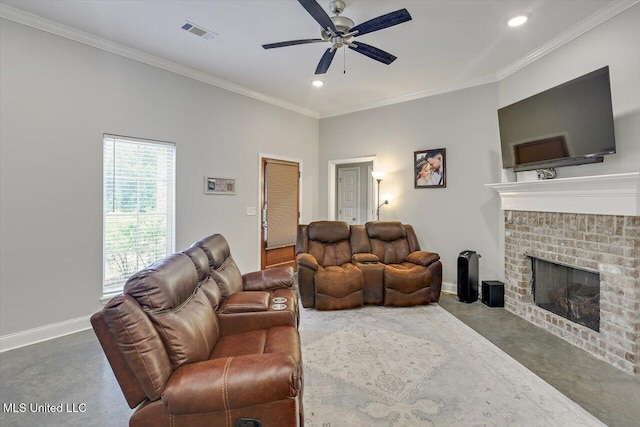 946 Filmore Dr, Brandon, MS 39042 - living room featuring ceiling fan, a brick fireplace, recessed lighting, ornamental molding, and carpet
