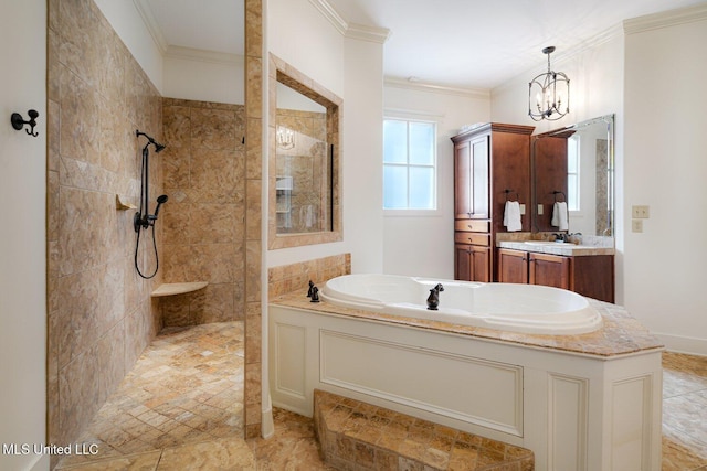 4050 Robinson Xing, Olive Branch, MS 38654 - bathroom featuring walk in shower, a garden tub, vanity, ornamental molding, and a chandelier