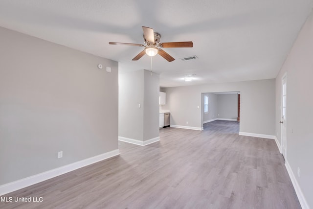 unfurnished living room featuring ceiling fan and light hardwood / wood-style flooring