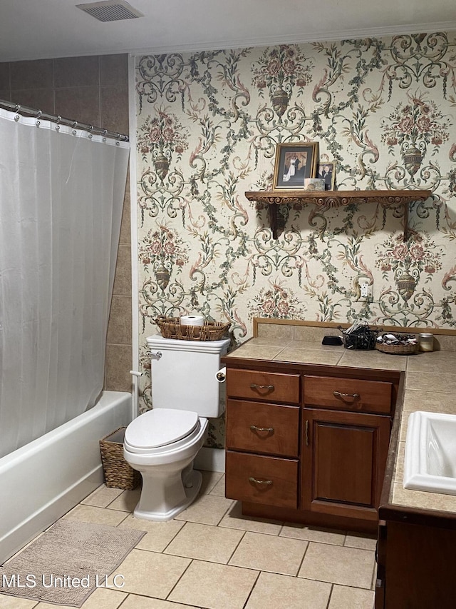 full bath featuring tile patterned floors, toilet, crown molding, and vanity
