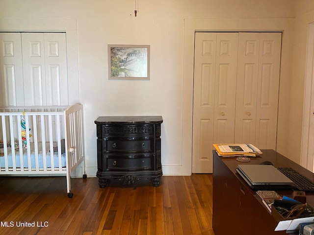 bedroom featuring dark wood-type flooring and a closet