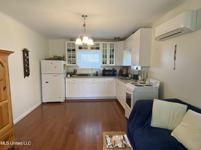 kitchen featuring a wall mounted air conditioner, white appliances, glass insert cabinets, and white cabinets