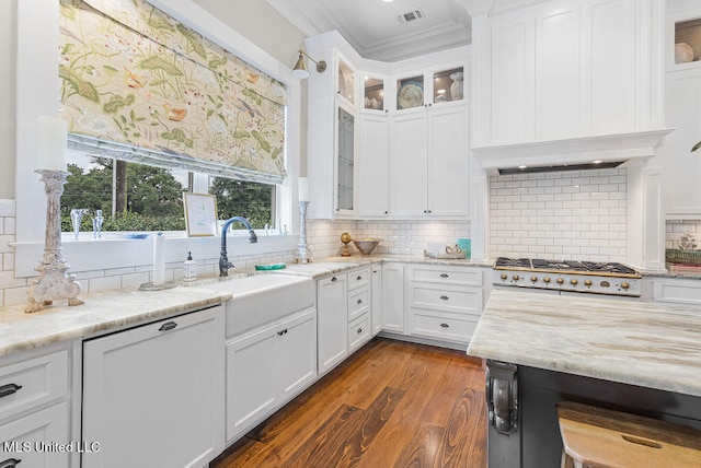 kitchen featuring ornamental molding, stainless steel gas stovetop, white cabinets, and tasteful backsplash