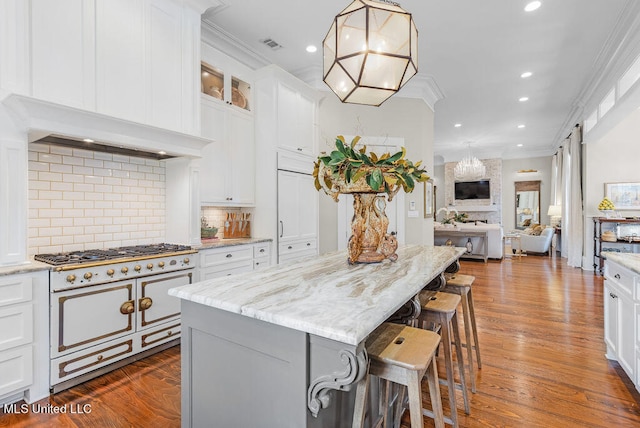 kitchen with crown molding, dark hardwood / wood-style flooring, a center island, and stainless steel stove