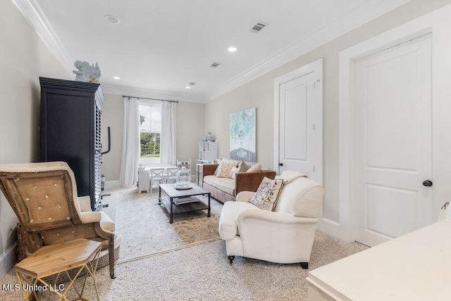 living room featuring light carpet and crown molding