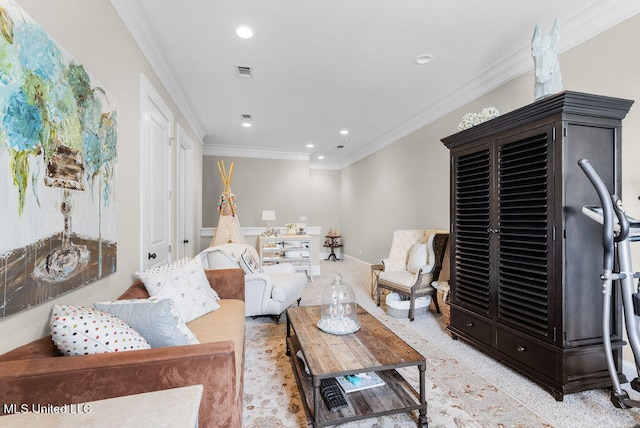 living room with crown molding