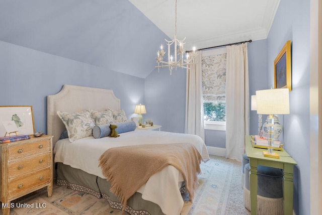 bedroom featuring light carpet, lofted ceiling, a chandelier, and crown molding