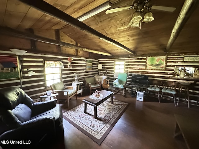 1628 Dry Creek Rd, Magee, MS 39111 - living area featuring wooden ceiling, a ceiling fan, healthy amount of natural light, and wood finished floors