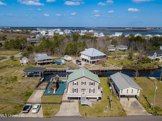 aerial view featuring a water view