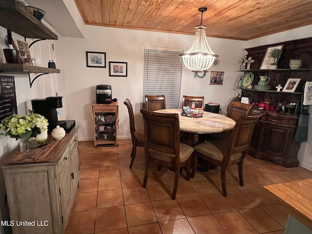 tiled dining area featuring a chandelier, wooden ceiling, and baseboards