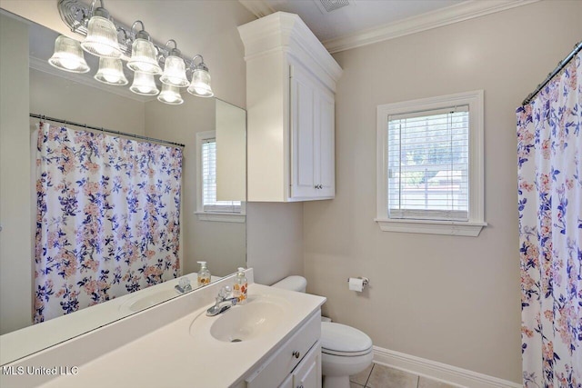213 Pecan Cir, Brandon, MS 39042 - full bathroom with toilet, vanity, ornamental molding, tile patterned flooring, and baseboards