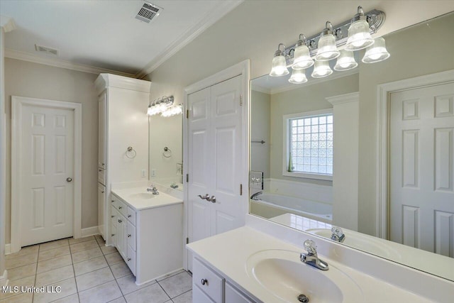 213 Pecan Cir, Brandon, MS 39042 - full bathroom featuring vanity, a garden tub, tile patterned floors, and ornamental molding