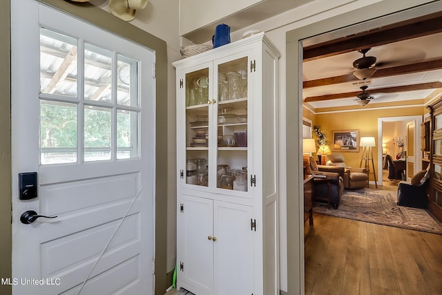 1728 21st St, Gulfport, MS 39501 - doorway to outside with beamed ceiling, hardwood / wood-style floors, and ceiling fan