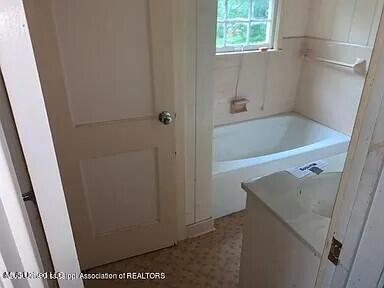 bathroom with a tub and vanity