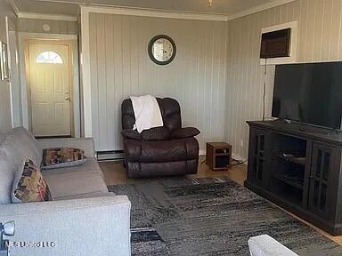 living room with baseboard heating and ornamental molding