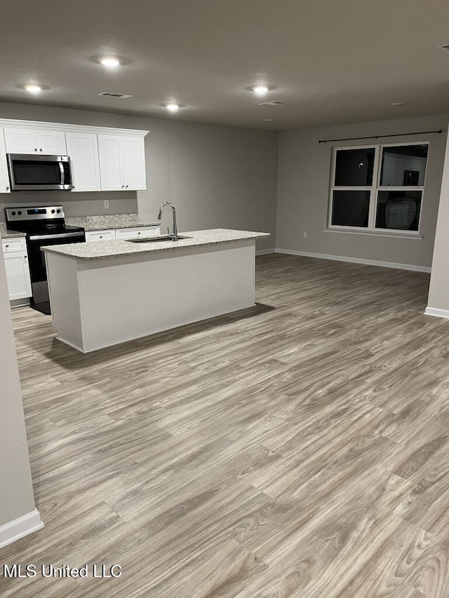 kitchen with white cabinetry, sink, a center island with sink, and appliances with stainless steel finishes