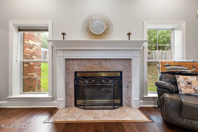 room details with hardwood / wood-style flooring and a tiled fireplace