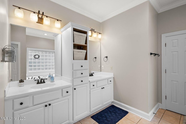 bathroom featuring vanity, ornamental molding, and tile patterned flooring