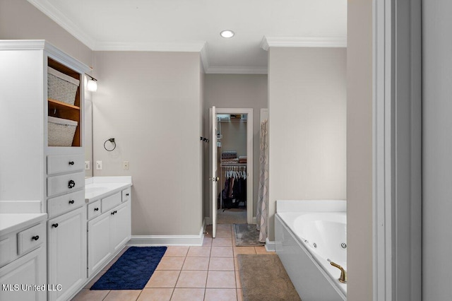 bathroom featuring vanity, ornamental molding, a bath, and tile patterned floors