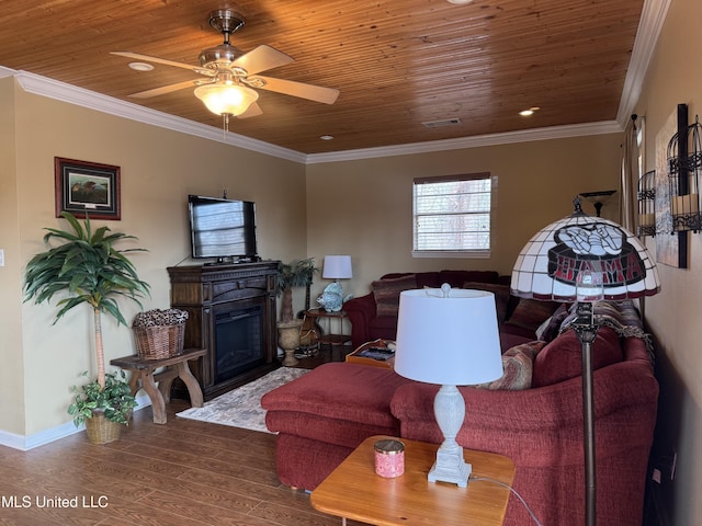 living room featuring crown molding, wood ceiling, wood-type flooring, and ceiling fan