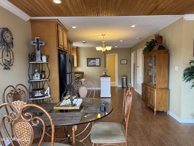 dining room featuring dark hardwood / wood-style flooring, a notable chandelier, wood ceiling, and ornamental molding