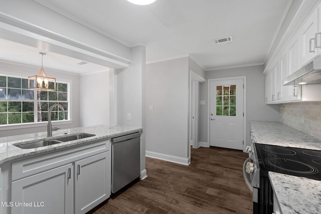 kitchen featuring white cabinetry, sink, white electric range, stainless steel dishwasher, and dark hardwood / wood-style floors