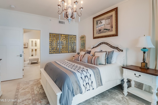 2668 Beach Blvd Unit 1704, Biloxi, MS 39531 - bedroom with a chandelier, ornamental molding, ensuite bath, and light tile patterned flooring