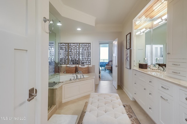 2668 Beach Blvd Unit 1704, Biloxi, MS 39531 - ensuite bathroom with ornamental molding, vanity, a bath, tile patterned floors, and recessed lighting