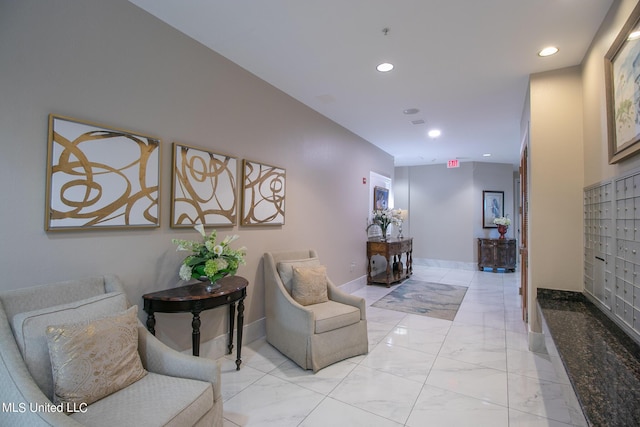 2668 Beach Blvd Unit 1704, Biloxi, MS 39531 - hall featuring recessed lighting, light marble finish floors, mail area, and baseboards