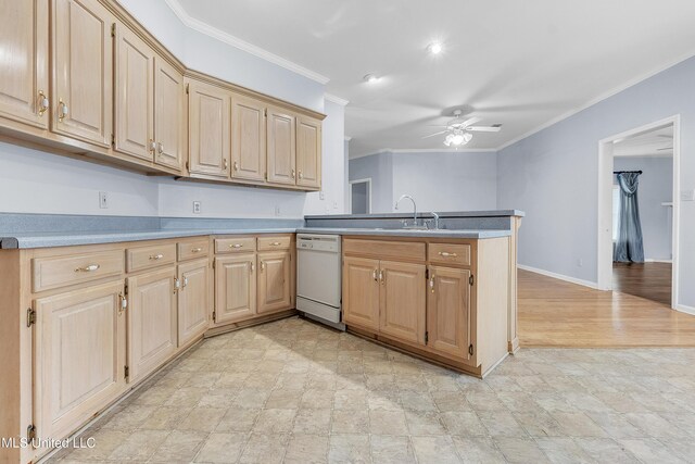 700 Martin Luther King Jr Dr, Holly Springs, MS 38635 - kitchen with dishwasher, ornamental molding, light brown cabinetry, ceiling fan, and a sink