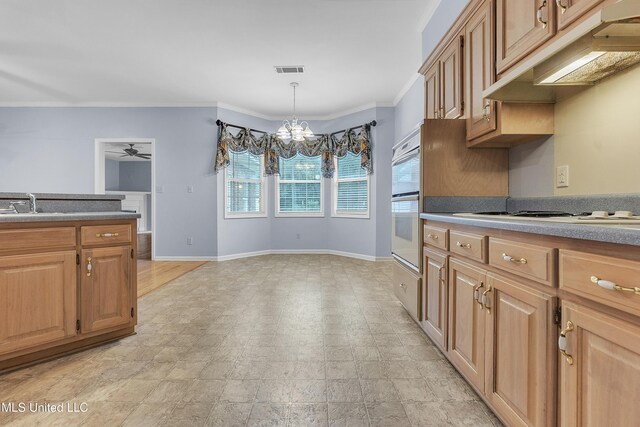 700 Martin Luther King Jr Dr, Holly Springs, MS 38635 - kitchen with a chandelier, under cabinet range hood, white appliances, a sink, and crown molding